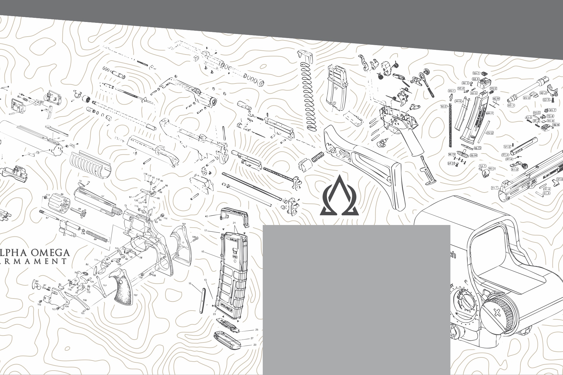 Mural detail — parts diagrams and lettering over the contour field