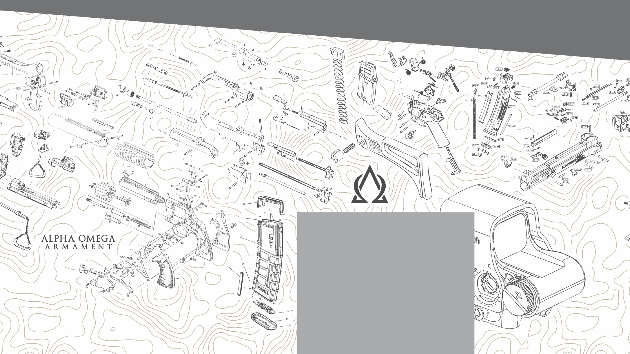 Alpha Omega Armament mural — exploded rifle diagrams over topographic contours