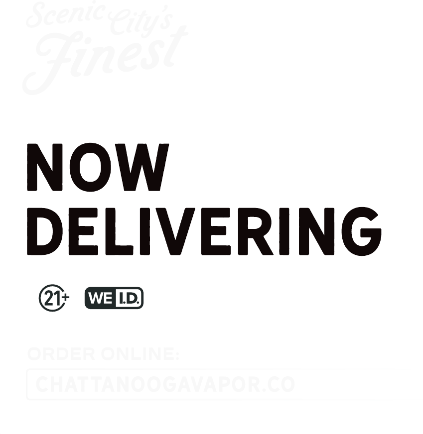 Now Delivering campaign lockup — Scenic City's Finest, a 21+ and We ID badge pair, and the order-online address.