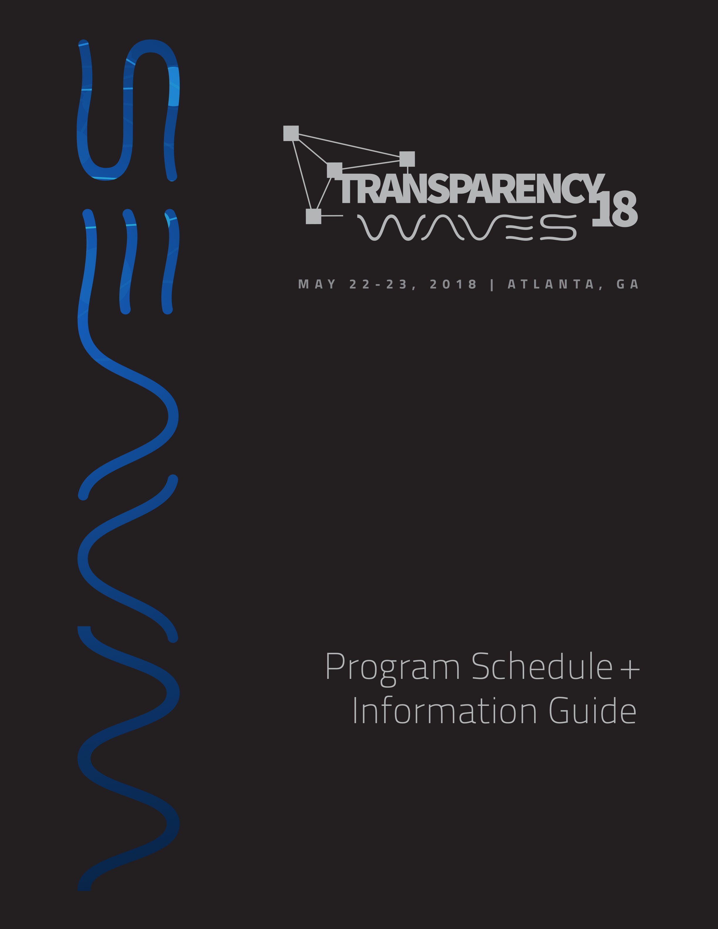 Transparency18 program guide, front cover: the Transparency18 Waves mark, May 22–23, 2018, Atlanta, GA, Program Schedule + Information Guide