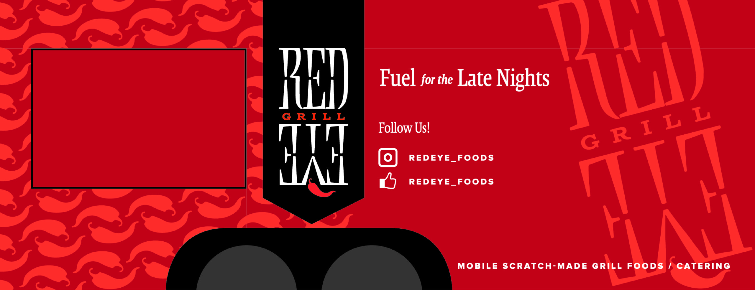 RED EYE Grill social banner at full width — white lockup on a red chili-pattern field
