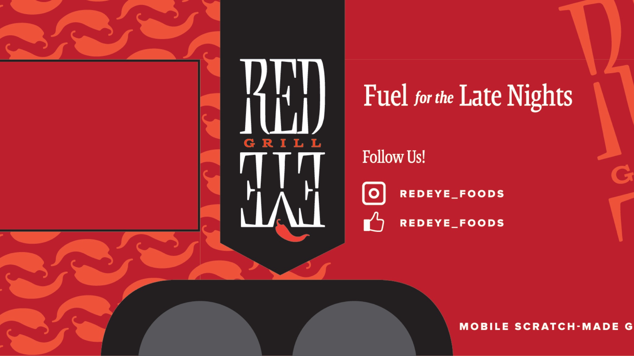 RED EYE Grill social banner — white lockup on a red chili-pattern field