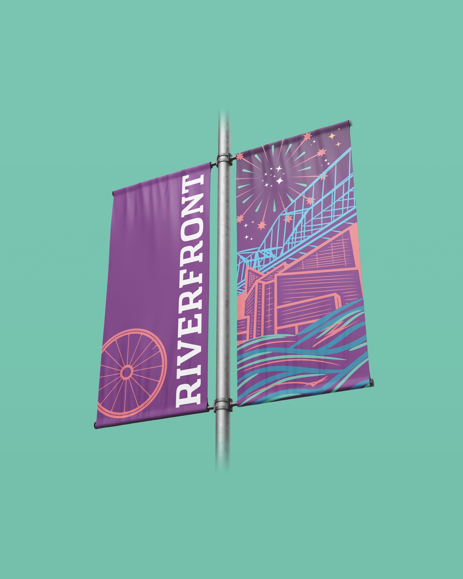 Riverfront banner pair — fireworks over the Walnut Street bridge in linework
