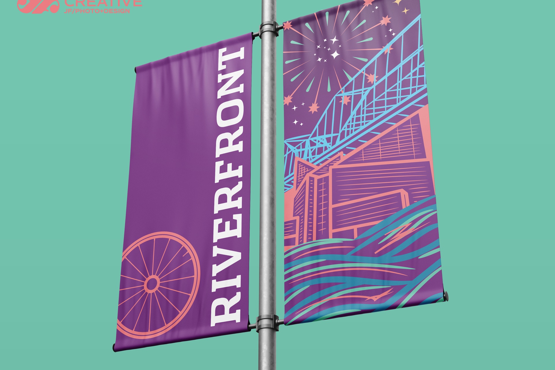 Banner pair in situ on the lamppost mockup