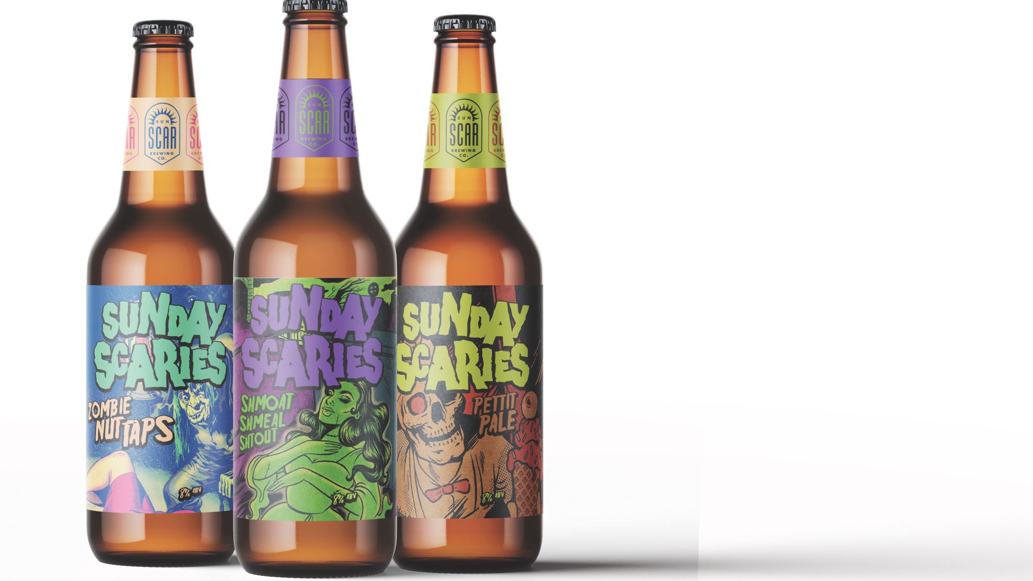 Three Sunday Scaries bottles in a row on a white studio field